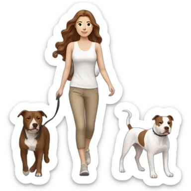 White woman with long wavy brown hair walking tan and white pitbull sticker