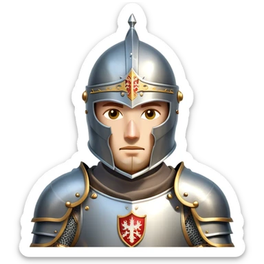 Clash of Clans aesthetic: Cinematic heroic Armored Knight Hero close up Emoji, rendered in a 3D vector-style similar to standard emojis with minimal shading and bold, simplified shapes. A compact, isometric warrior clad in gleaming plate armor with intricate heraldic details, softly glowing with a chivalrous medieval charm. Simplified yet unmistakably iconic, highly detailed and consistent, glowing with a soft radiant shine and high polish. Stylized with a touch of noble valor and a soft glowing outline, wearing a full face helm so that no face is visible with only eyes visible, capturing the essence of a gallant knight ready for honorable battle with a friendly, playful manner! sticker