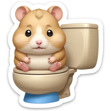 Cute chubby cartoon-style hamster sitting on toilet looking as if he had an accident, sticker-style illustration sticker