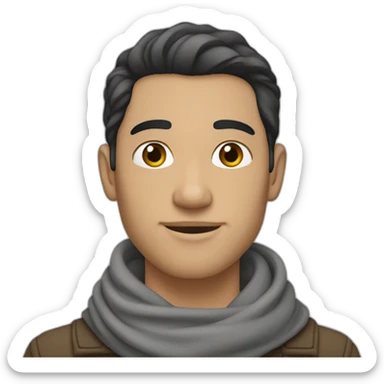 man with light skin tone and long straight dark hair down to his chin with a wavy hairstyle and a thin nose wearing a long gray scarf sticker