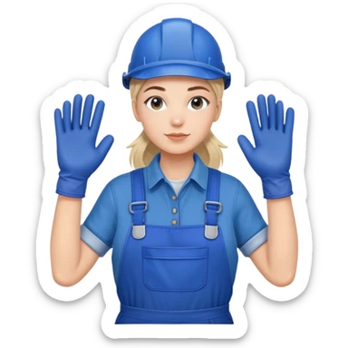 Russian factory worker gender neutral in blue overalls with gloves industrial background sticker