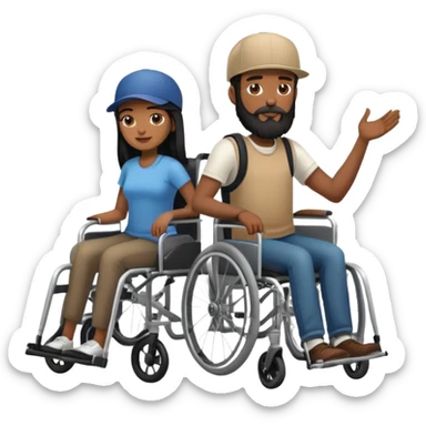 Beige skin man with a beard and cap in a wheelchair and a dark brown skin woman with long black hair in a wheelchair  sticker
