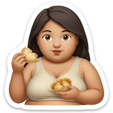 Can you create an emoji of a half Indian - half white 23 year old girl with dark brown mid length hair and brown eyes who is super obese and eating a dumpling. Full body and make her really fat sticker