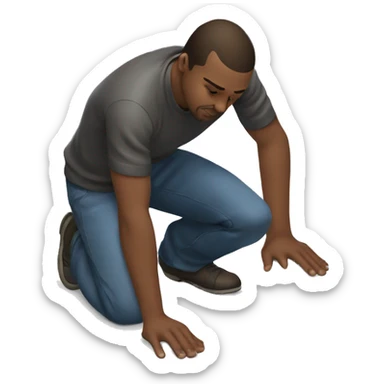 a man kneels down, one knee on the ground, examining something on the ground sticker