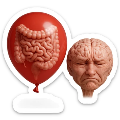 intestino umano anatomico chiuso in un palloncino rosso che simboleggia gonfiore, accanto un cervello stressato, iperrealistico 4k sticker