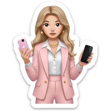 pale skin Chloe Kardashian with dark blonde wavy long Hair, light pink Spacious classical jacket, light pink palazzo Arrow pants and white blouse holding white IPhone 15 pro in the hands sticker