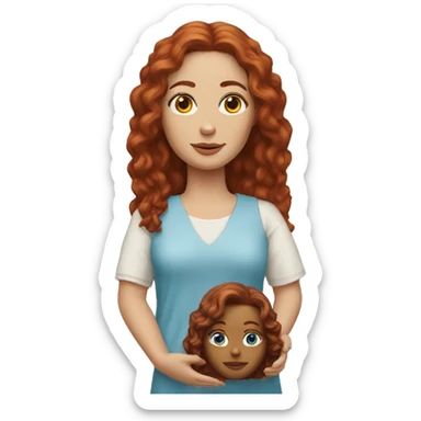 an auburn haired woman with blue eyes with a jesus doll sticker
