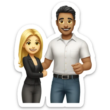 an adult restaurant owner and a young blogger shake hands, both with white skin, in great detail, in full height sticker