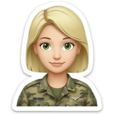 Apple-style emoji: female soldier, bust, no cap/helmet, friendly smile, generic camo top, blonde hair sticker