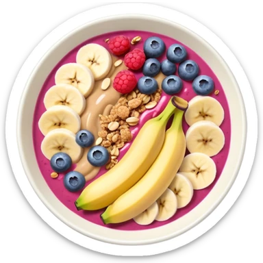 smoothie bowl with bananas, raspberries, blueberries, granola and peanut butter sticker
