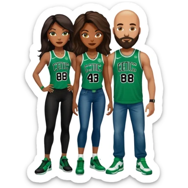 48 yr old black woman with Brown eyes, long dark brown balayage hair dressed in sexy 
celtics jersey costume outfit and stilettos.  Abald white man with orange facial hair, beard, and Blue eyes, wearing a Jason Tatum Boston Celtics Jersey, jeans & matching Nike sneakers  sticker