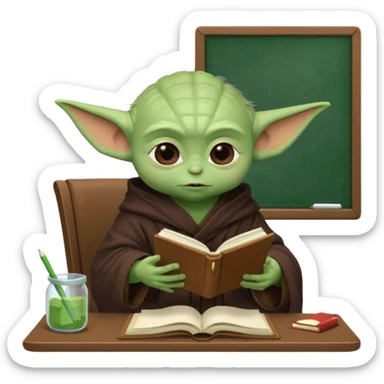 Baby Yoda con su tunica chocolate leyendo en un cuaderno sobre un escritorio en un aula de clases sticker