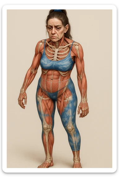 Donna in abbigliamento sportivo, postura asimmetrica, stile medico realistico, muscoli e ossa visibili, segni specifici di stress cronico: mascella serrata, spalle sollevate, rughe sulla fronte, occhiaie marcate, mani contratte, sfondo neutro, formato verticale. sticker