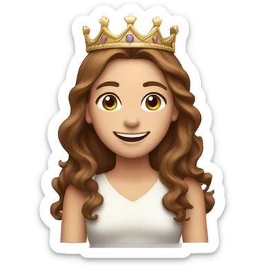 a white girl with brown wavy long hair, brown eyes and big smile wearing a crown sticker
