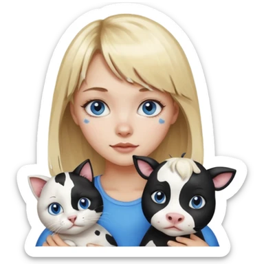 Cute cat black and white stain like a cow in the arms of a blond girl with bangs and blue eyes sticker