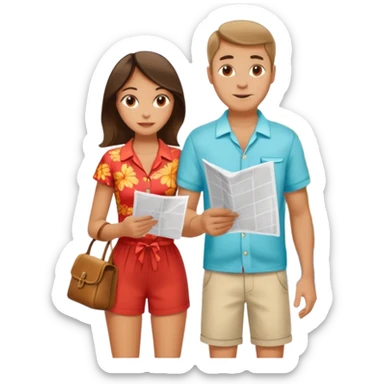 Russian man and elegant Spanish girl in vacation outfits with a map planning  sticker