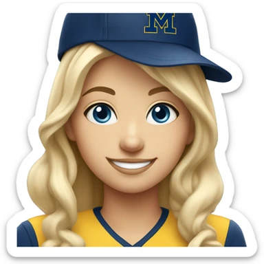 Blonde girl with blue eyes smiling wearing University of Michigan hat sticker