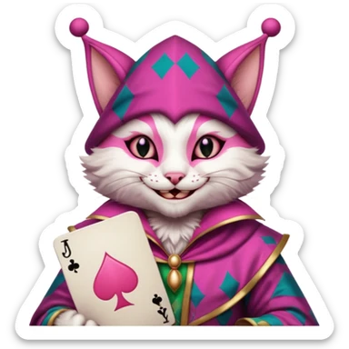 court jester cat medieval, single poker card joker clearly visible, pink, face only sticker