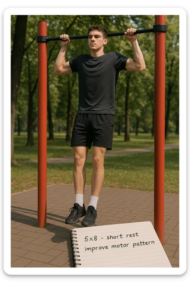 Giovane principiante dello streetlifting in un parco, fisico ancora asciutto, esegue lunghe serie di trazioni senza peso, con tecnica controllata. A terra, un taccuino con scritto '5x8 - riposo breve - migliorare schema motorio'. Espressione concentrata. Luce naturale, atmosfera educativa, senso di costruzione progressiva. sticker