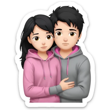 generate a pretty bratz fair skinned boy with messy black hair in a grey hoodie. Hugging his girlfriend who is wearing pink. Make him muscled. Boy in grey hoodie, girl in pink sticker