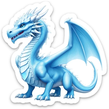 Cinematic Noble wise elegant Ice Dragon full body  Emoji, Poised and imposing, distinct long elegant snout, with a slender, scaled body shimmering in glacial hues of icy blue, frostbitten silver, and crystalline white, breathing out frost, with piercing, glowing ice blue white eyes that radiate the chilling depths of an arctic storm; rendered in detail. excuding wisdom sticker
