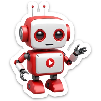 A cute 3D robot mascot icon with YouTube-style play button eyes and a speech bubble, red and white color scheme, friendly and approachable design, perfect for AI chat interface sticker