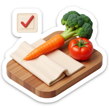 carrot tomato brocoli on the wooden cutting board with floating rolled paper list with checkbox sticker