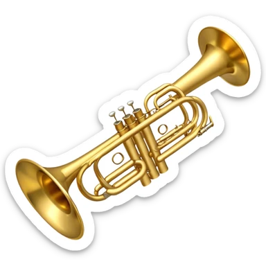 Create a sleek and polished emoji representing the Brahner trumpet. The design should feature the shiny brass body of the trumpet, with its distinct bell shape and coiled tubing. Highlight the three smooth, finger-operated valves, and the mouthpiece at the top of the instrument. The finish of the trumpet should be a rich, golden brass tone with subtle reflections, giving it a polished and professional appearance. Add musical notes or soundwaves around the bell of the trumpet to evoke its bold and brassy sound. Use golden, brass, and silver tones to emphasize the vibrant, high-quality design of the trumpet. The background should be transparent. sticker