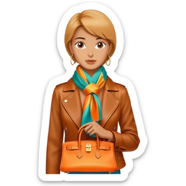 Elegant and tan woman wearing a leather Hermes jacket and a multicolored silk scarf around her neck. She has an orange Hermes Birkin Bag. I want the image to be close up, starting from the waist up.  sticker