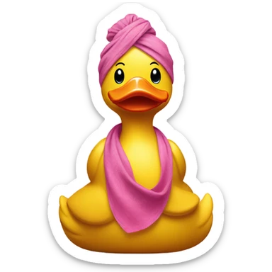 Side view of yellow rubber duck with a pink bandana doing yoga, hands together  sticker
