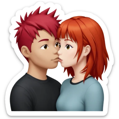 Asian Spiky short red hair  guy kissing redhead white girl with bangs long hair  sticker