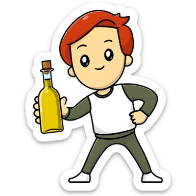 redhead person holding olive oil bottle like a pistol, action pose sticker