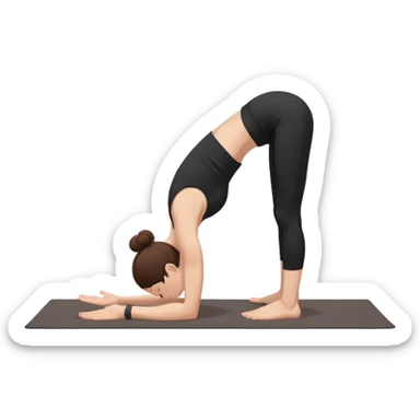 Minimalist flat vector illustration of a woman doing yoga in forward fold pose (Uttanasana), wearing sportswear (black top and black shorts), brown hair in a bun, clean white background, no face details, elegant style sticker