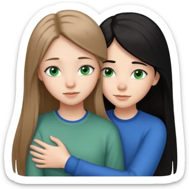 una ragazza dall‘ età di 19 anni con capelli castani chiaro lunghi e lisci ,  occhi CELESTI ,  e una ragazza di 17 anni capelli neri occhi verdi che si abbracciano   sticker