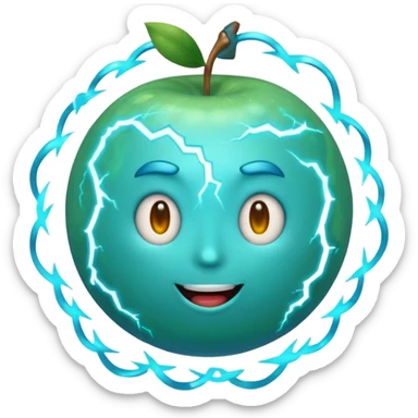 Uranus emoji in Apple style, blue-green planet with swirling rings, playful and excited face, bold lightning bolt, bursting with electric, chaotic energy sticker