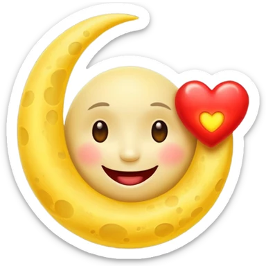 Smiling moon holding glowing heart sticker