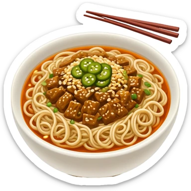 Wuhan hot dry noodles with sesame paste and pickles, simplified emoji style with bold outlines and bright colors, cartoon style Hubei breakfast Re Gan Mian sticker