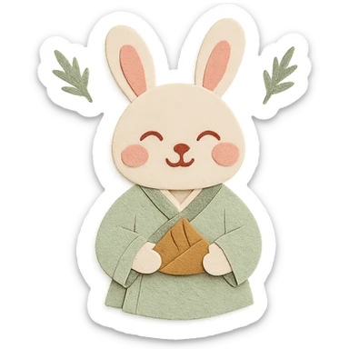 a small rabbit wearing light green Hanfu, holding a light brown zongzi, smiling with eyes closed, with faint mugwort leaves floating in the background, Chinese style, soft color tones, paper craft style sticker