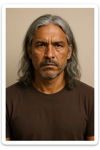 brown tanned man over 40 with long grey hair, serious expression, bust portrait, plain background sticker