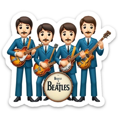 Cinematic Realistic The Beatles Group Emoji, depicted as an iconic band of four exuding playful charisma and musical genius with retro instruments and vibrant expressions, rendered with rich textures and nostalgic dynamic lighting that captures their legendary impact on pop culture. sticker