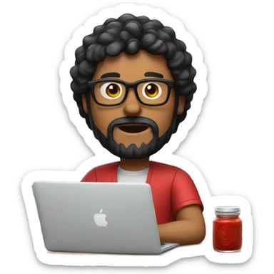 Designer with black hair, beard and glasses working with MacBook and ketchup sticker