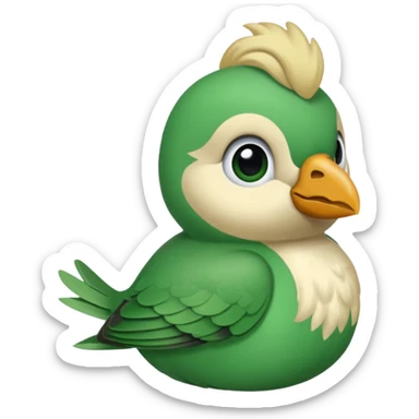 un oiseau classique de profil tout vert même sa tête  et un seul poil blond qui fait une petite bouclette sur le front avec le collier argenté avec des ronds attachés au collier est autour du coup de l’oiseau entre la tête et le corps sticker