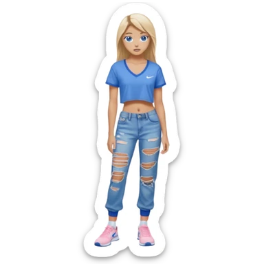 preppy teenage girl, blue eyes, tan, less blonde highlights, brown long hair, wearing ripped blue very long and very baggy jeans with a light pink sexy revealing very low neck crop top, wearing Nike shoes with Nike socks, very sexy, really really long eyelashes, very pretty sticker