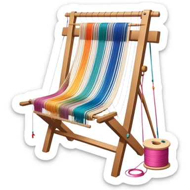 Create an icon that represents the hobby of weaving. The design should include a loom, threads, and a partially woven fabric, along with a piece of colorful fabric and sewing patterns. Include a representation of finished clothing, like a simple shirt or dress, made from the woven fabric. The composition should feel balanced and harmonious, reflecting the creative and intricate process of weaving and sewing. The background should be transparent. sticker