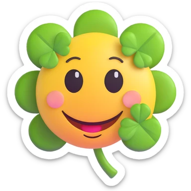 3D smiley emoji, round shape, four-leaf clover, lucky face sticker