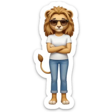 friendly anthropomorphised female lion character, full body, standing confidently with legs shoulder width apart and arms folded, wearing jeans, a white t-shirt, and dark sunglasses, with a determined expression sticker