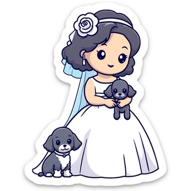 A beautiful girl with long black hair in a wedding dress holds a small gray poodle sticker