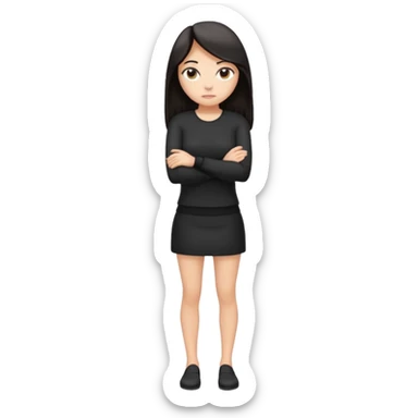 Cartoon emoji of a woman with long, loose dark hair, wearing simple black clothes. Full-height, standing nervously with hunched shoulders, head slightly down, arms close or crossed, legs together, eyes looking away. Smooth, simple, stylized. sticker