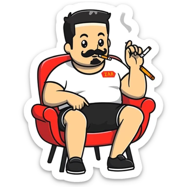 Heavy-set man leaning back in chair with legs spread, smoking cigarette, exposed belly, round face, short black hair, well-groomed beard with mustache, black t-shirt with light stripes on top portion, sleeves rolled up, black shorts, arms decorated with black graphic tattoo patterns on forearms and shoulders sticker