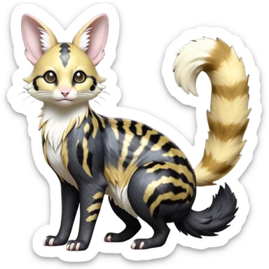 Hyper realistic  obsidian fur etched with molten gold fault-lines and dark mirror shine beautiful elegant pretty precious cute  Fakémon-Pokémon-opossum-feline-serval-caracal-chinchilla-Furret-Minccino-hybrid-creature with a big fluffy bushy tail (full body) sticker